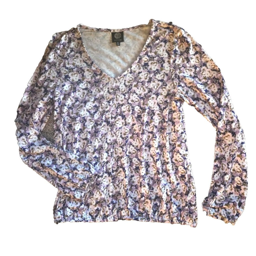 Purple Floral Print Peasant Blouse Top Long Sleeve Vneck Bobeau Size Medium